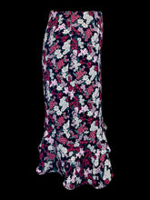 Load image into Gallery viewer, S NWT Black layered midi skirt w/ ruffle hems, colorful botanical pattern, black lining, &amp; back zipper/clasp closure
