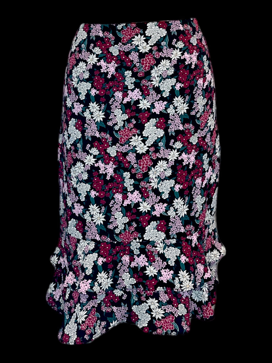 S NWT Black layered midi skirt w/ ruffle hems, colorful botanical pattern, black lining, & back zipper/clasp closure