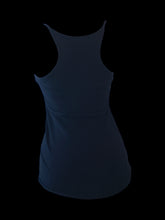 Load image into Gallery viewer, XS Dark blue sleeveless racerback top w/ ruffle neckline, button detail, &amp; built-in shelf bra
