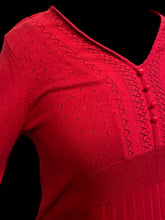 Load image into Gallery viewer, 0X Red long-sleeve knit top w/ eyelet fabric, scalloped neckline, &amp; mock buttons
