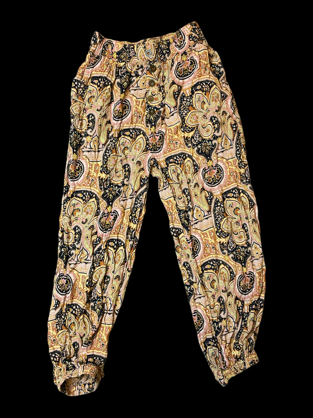 M Black balloon leg pants w/ multicolor ornate pattern, mock buttons, pockets, & elastic waistband