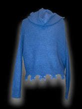 Load image into Gallery viewer, 1X Dark periwinkle long sleeve crop sweater w/ o-ring zip front, drawstring hood, &amp; frayed hem
