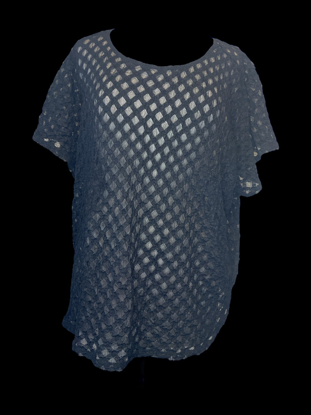 6X Black sheer mesh check pattern short-sleeve top