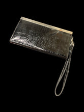 Load image into Gallery viewer, Shiny black faux crocodile skin clutch wallet w/ matching removable strap, silver-like closure w/ hinged lock, &amp; inner pockets
