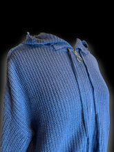 Load image into Gallery viewer, 1X Dark periwinkle long sleeve crop sweater w/ o-ring zip front, drawstring hood, &amp; frayed hem
