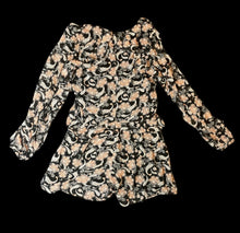 Load image into Gallery viewer, L NWT black long sleeve romper w/ multicolor paisley pattern, ruffle detail, sheer sleeves, &amp; back zipper closure
