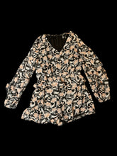 Load image into Gallery viewer, L NWT black long sleeve romper w/ multicolor paisley pattern, ruffle detail, sheer sleeves, &amp; back zipper closure

