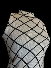 Load image into Gallery viewer, XS Grey knit sleeveless dress w/ black &amp; white geometric pattern, &amp; high zipper neck
