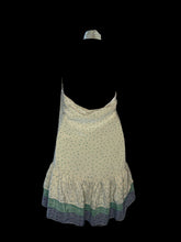 Load image into Gallery viewer, M Pale yellow halter high-neck top w/ green numbers pattern, triple button neck closure, &amp; ruffle &amp; stripe pattern hem
