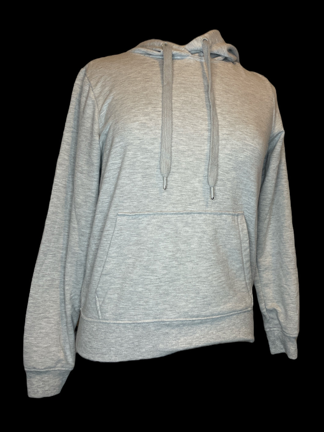 L Light grey heathered drawstring hoodie w/ ribbed hems, & kangaroo pocket