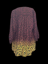 Load image into Gallery viewer, 3X NWT Maroon to yellow ombre long sleeve hi-lo top w/ cheetah print pattern, front tie, triangle chest cutout, &amp; button sleeve
