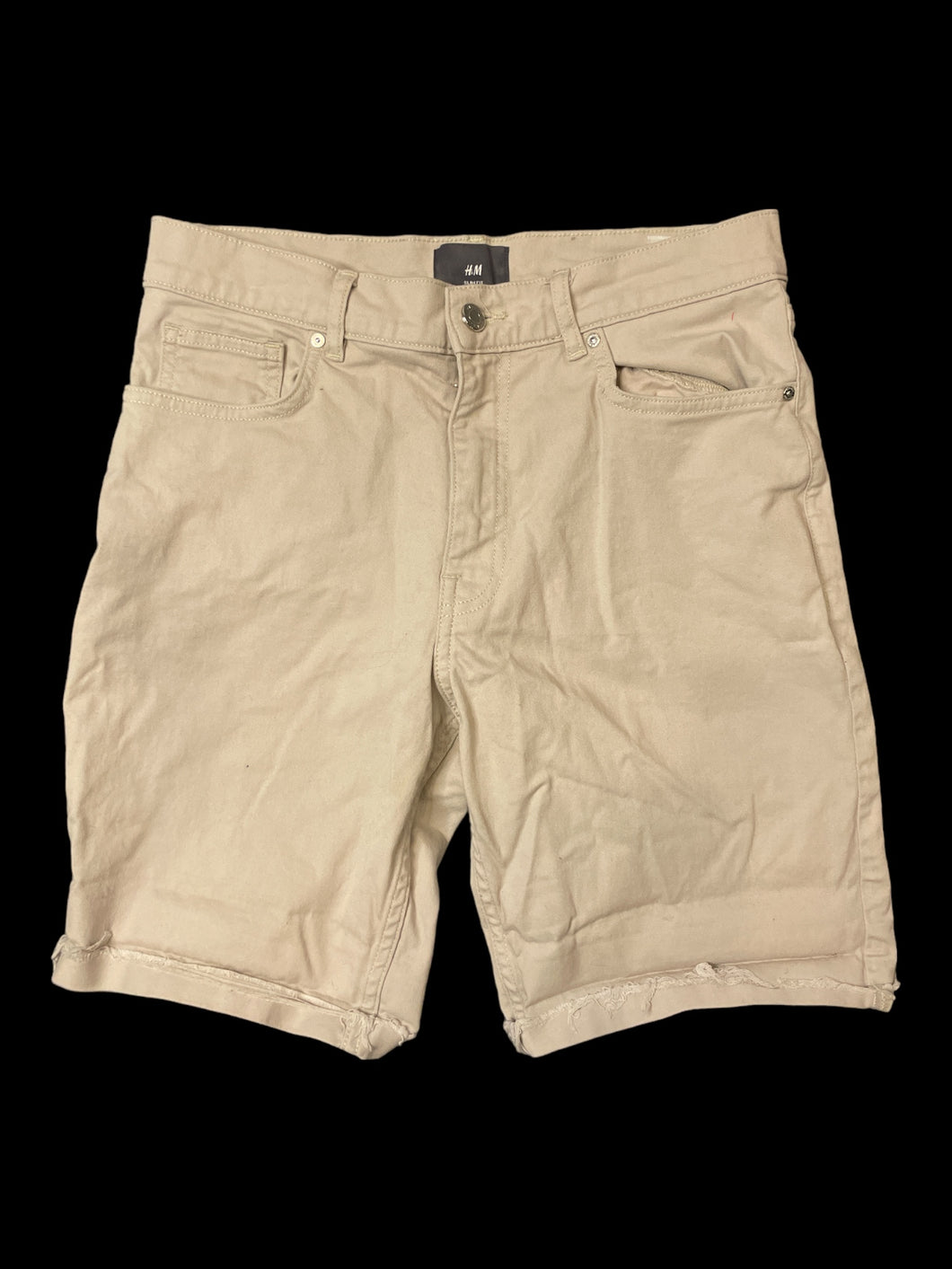 S Off-white denim shorts w/ distressed hems, belt loops, pockets, & zipper/button closure