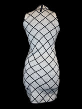 Load image into Gallery viewer, XS Grey knit sleeveless dress w/ black &amp; white geometric pattern, &amp; high zipper neck
