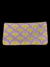 Load image into Gallery viewer, Lilac clutch bag w/ purple scalloped embroidery, metallic gold embroidered accents, inner zipper pocket, &amp; magnetic clasp

