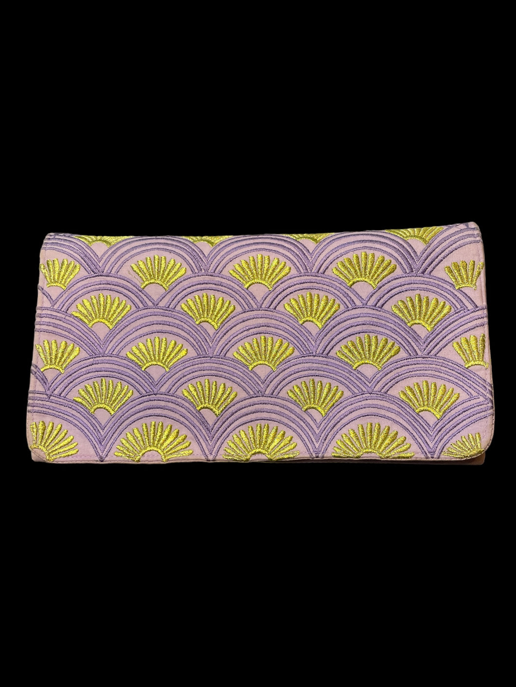Lilac clutch bag w/ purple scalloped embroidery, metallic gold embroidered accents, inner zipper pocket, & magnetic clasp