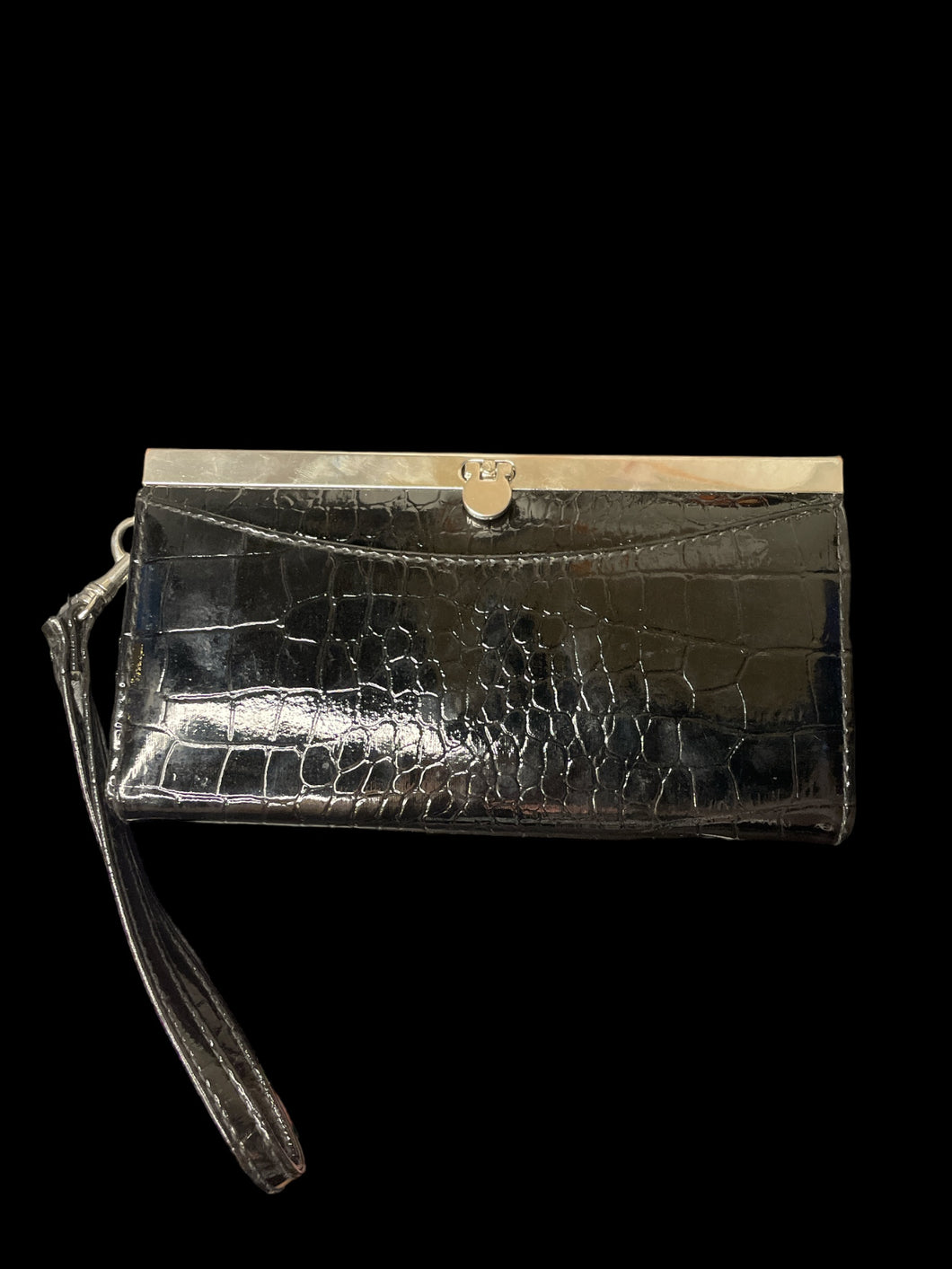 Shiny black faux crocodile skin clutch wallet w/ matching removable strap, silver-like closure w/ hinged lock, & inner pockets