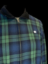 Load image into Gallery viewer, L Blue &amp; green plaid zip-up flannel w/ corduroy collar &amp; cuffs, white Obey logo, pockets, &amp; button cuffs
