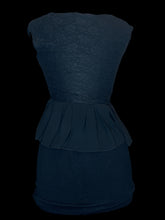 Load image into Gallery viewer, XS Black bodycon dress w/ lace detail bust, ruffle waist, belt loops, &amp; ribbed skirt
