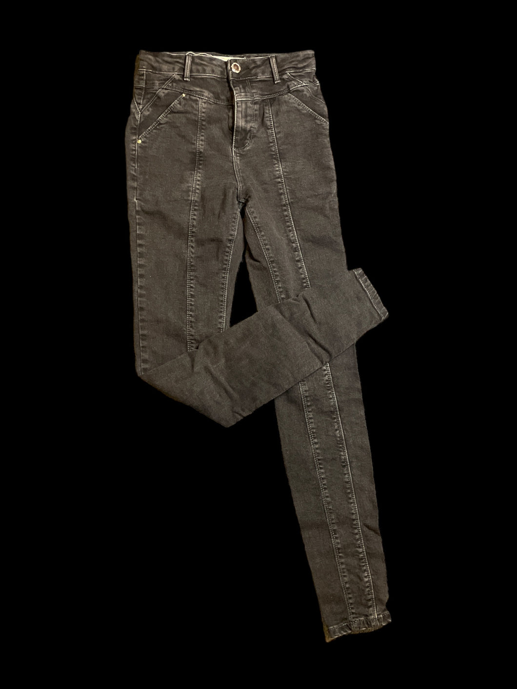 XXS Black denim jeans w/ belt loops, panelling on legs, & button/zipper closure