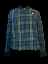 Load image into Gallery viewer, L Blue &amp; green plaid zip-up flannel w/ corduroy collar &amp; cuffs, white Obey logo, pockets, &amp; button cuffs
