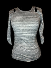 Load image into Gallery viewer, S Grey heathered long sleeve top w/ peekaboo accent shoulders, &amp; ruching
