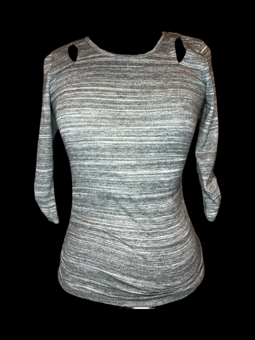 S Grey heathered long sleeve top w/ peekaboo accent shoulders, & ruching