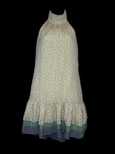 Load image into Gallery viewer, M Pale yellow halter high-neck top w/ green numbers pattern, triple button neck closure, &amp; ruffle &amp; stripe pattern hem
