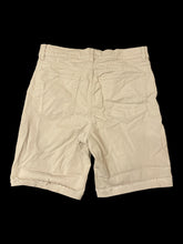 Load image into Gallery viewer, S Off-white denim shorts w/ distressed hems, belt loops, pockets, &amp; zipper/button closure
