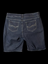 Load image into Gallery viewer, XL Dark blue denim jean shorts w/ belt loops, pockets, gem stone accents on back pockets, &amp; button/zipper closure
