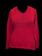 Load image into Gallery viewer, 0X Red long-sleeve knit top w/ eyelet fabric, scalloped neckline, &amp; mock buttons
