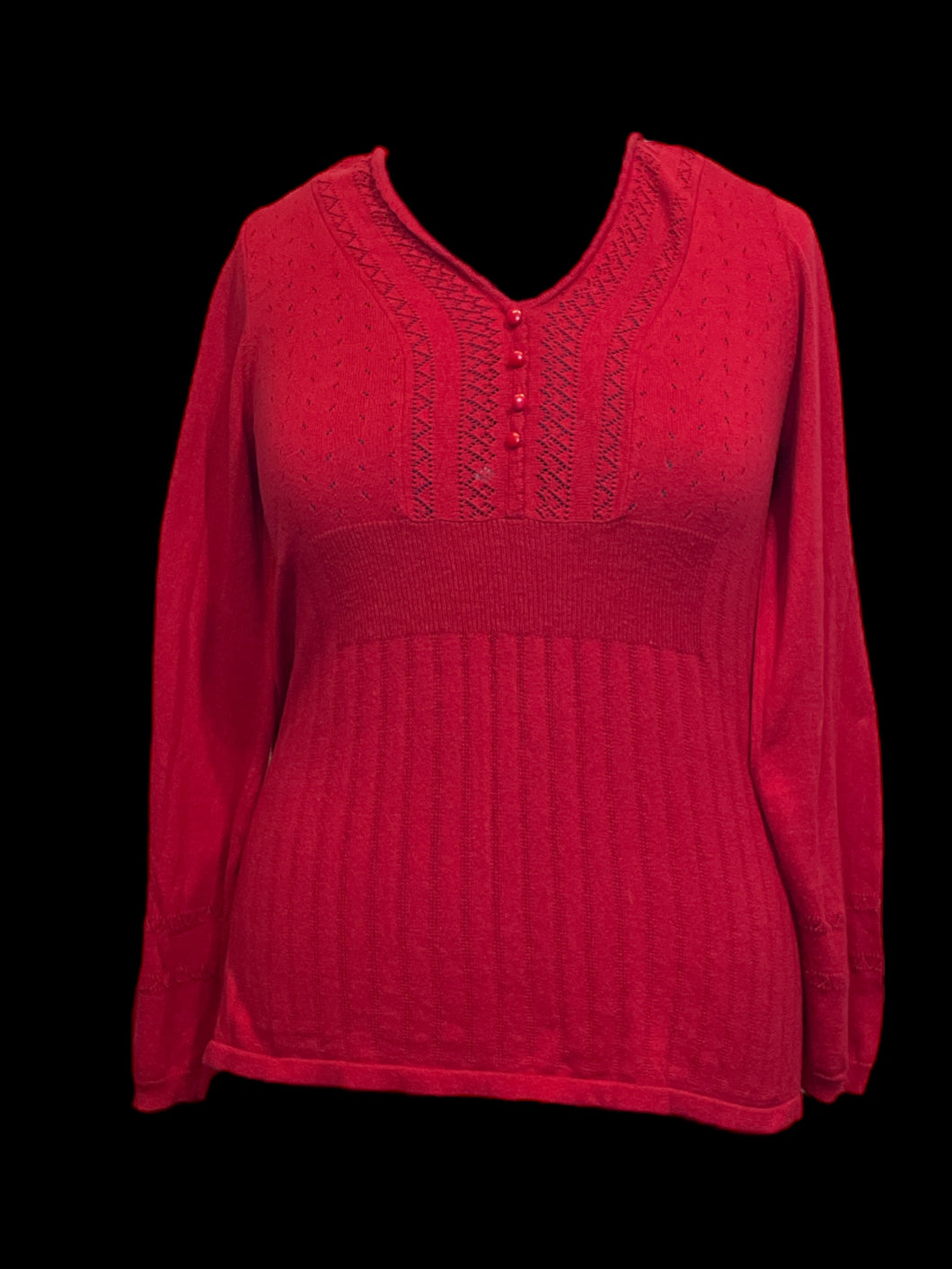 0X Red long-sleeve knit top w/ eyelet fabric, scalloped neckline, & mock buttons
