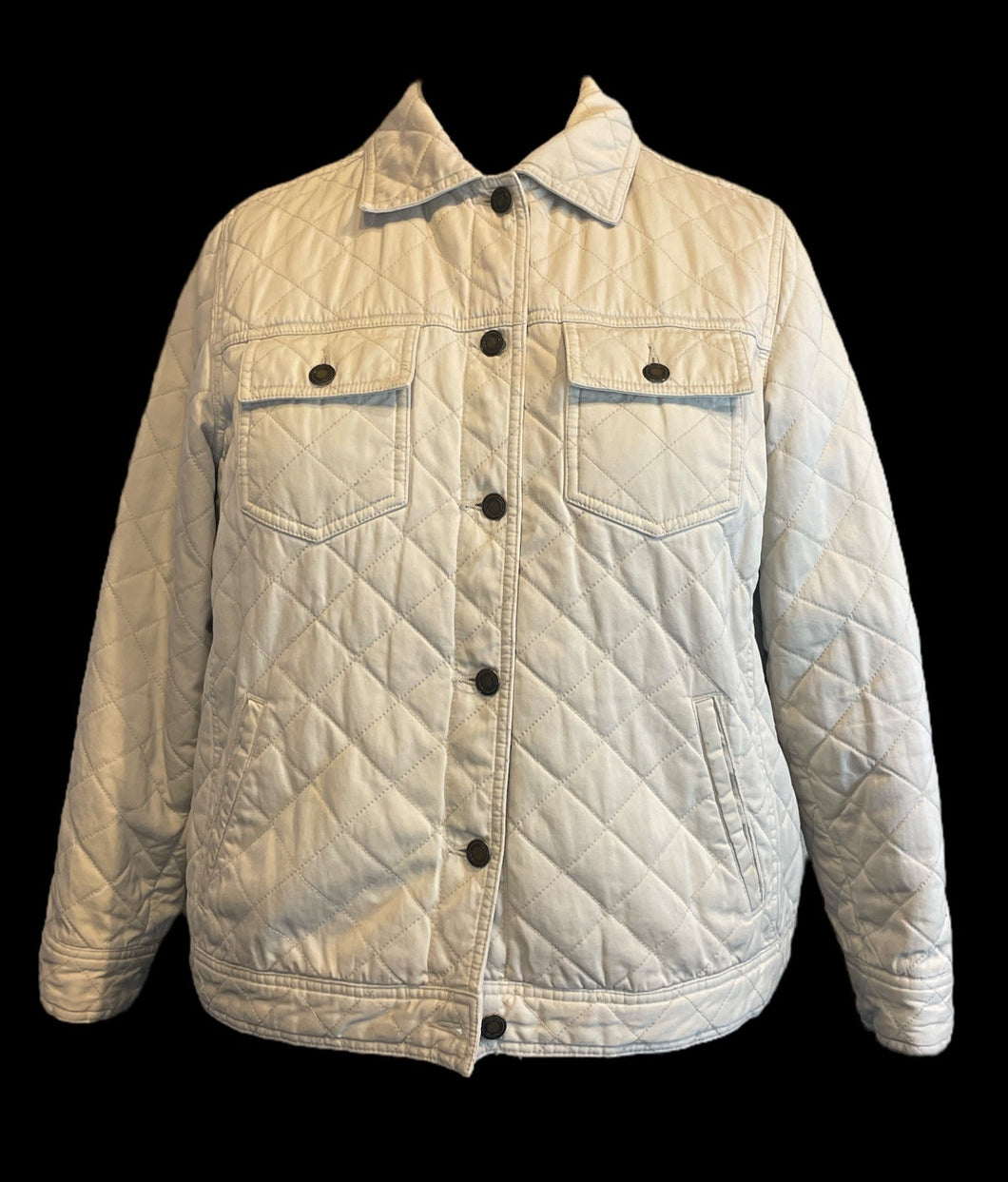 1X Off white quilted jacket w/ botanical lining, chest & side pockets, button adjustable waist, & button down closure