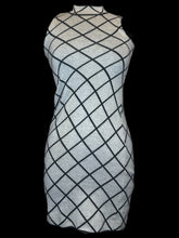 Load image into Gallery viewer, XS Grey knit sleeveless dress w/ black &amp; white geometric pattern, &amp; high zipper neck

