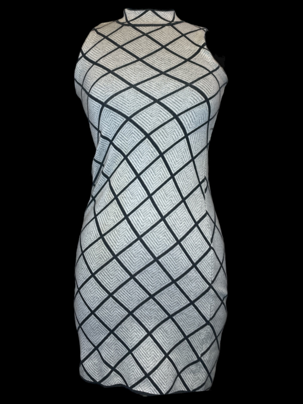 XS Grey knit sleeveless dress w/ black & white geometric pattern, & high zipper neck