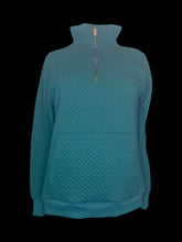 Load image into Gallery viewer, XL Emerald green high neck sweater w/ quilted style bust, kangaroo pocket, zipper, &amp; ribbed hems
