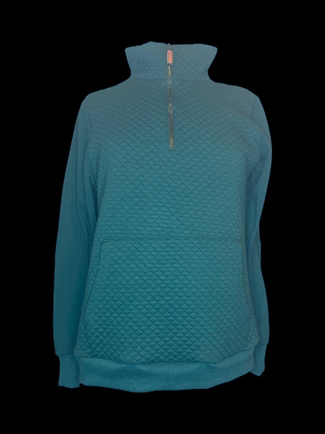 XL Emerald green high neck sweater w/ quilted style bust, kangaroo pocket, zipper, & ribbed hems