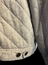 Load image into Gallery viewer, 1X Off white quilted jacket w/ botanical lining, chest &amp; side pockets, button adjustable waist, &amp; button down closure
