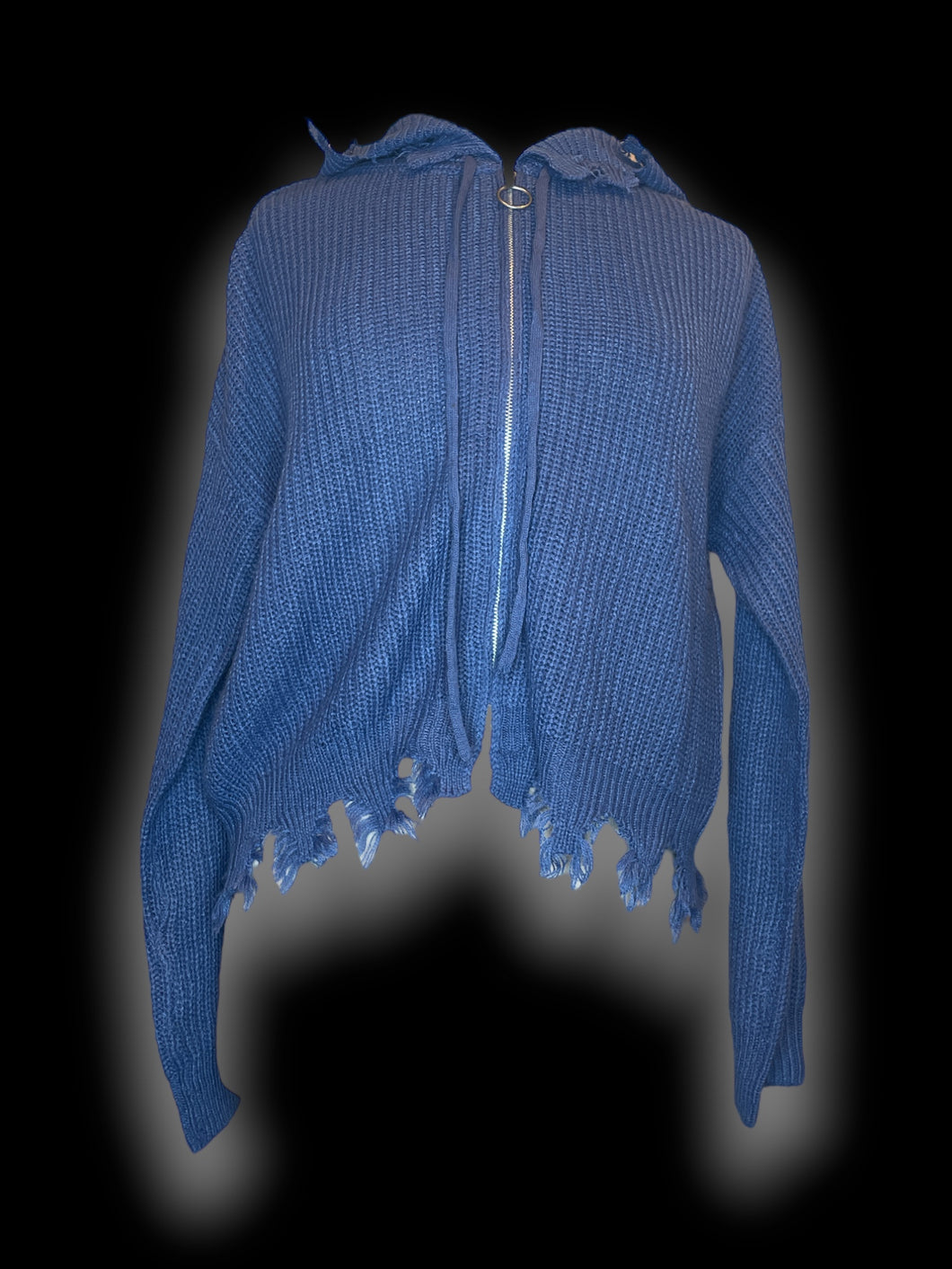 1X Dark periwinkle long sleeve crop sweater w/ o-ring zip front, drawstring hood, & frayed hem