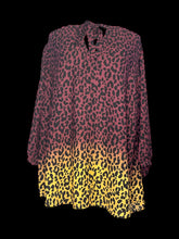 Load image into Gallery viewer, 3X NWT Maroon to yellow ombre long sleeve hi-lo top w/ cheetah print pattern, front tie, triangle chest cutout, &amp; button sleeve

