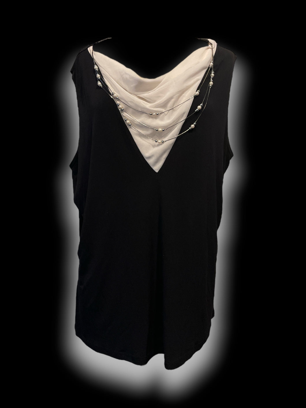 5X Black sleeveless top w/ built in bead necklace, & white mesh bust detail