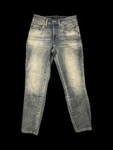 Load image into Gallery viewer, S Blue denim jeans w/ belt loops, pockets, pleather logo on back waist, &amp; button zipper closure
