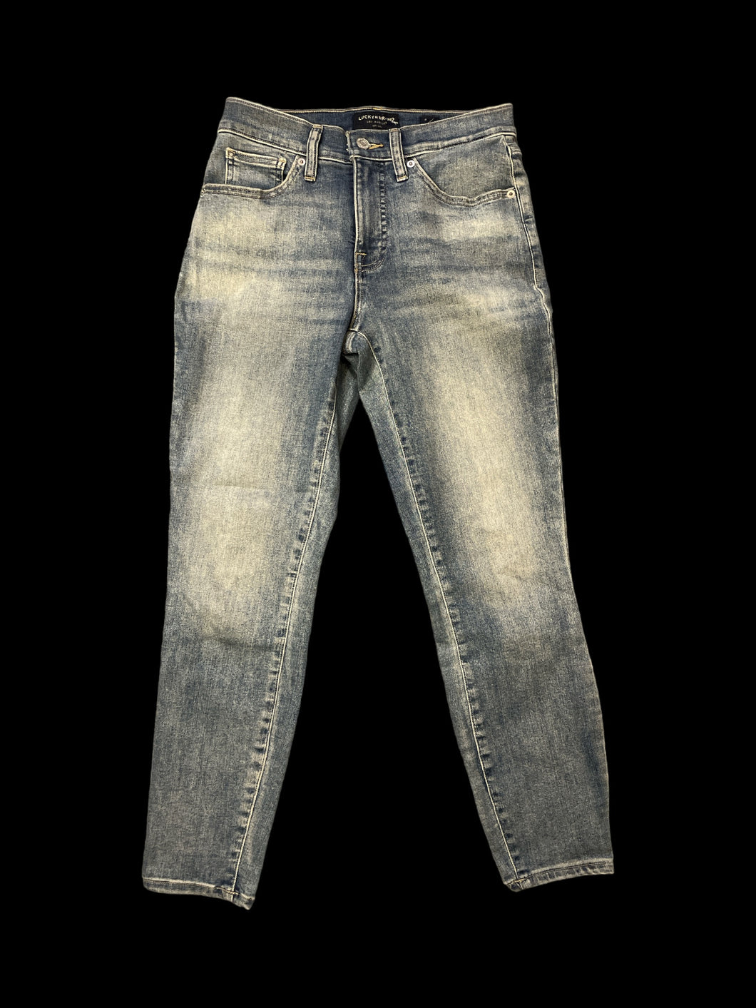 S Blue denim jeans w/ belt loops, pockets, pleather logo on back waist, & button zipper closure
