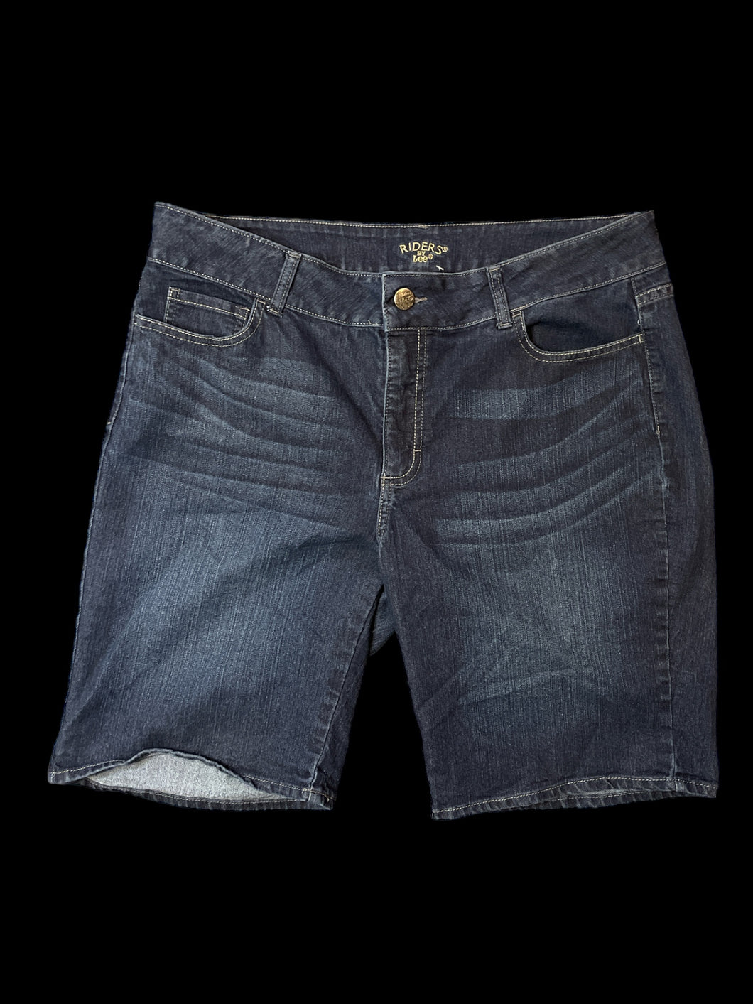 XL Dark blue denim jean shorts w/ belt loops, pockets, gem stone accents on back pockets, & button/zipper closure