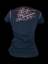 Load image into Gallery viewer, M Black short sleeve cotton top w/ button up bust, grey &amp; pink accents, &amp; &quot;Harley Davidson&quot; cursive text embroidery
