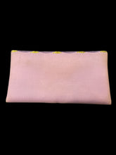 Load image into Gallery viewer, Lilac clutch bag w/ purple scalloped embroidery, metallic gold embroidered accents, inner zipper pocket, &amp; magnetic clasp
