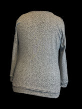 Load image into Gallery viewer, 1X Heather grey cotton-blend cold shoulder knit top w/ mesh &amp; faux cross stitch floral cross design

