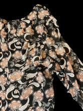 Load image into Gallery viewer, L NWT black long sleeve romper w/ multicolor paisley pattern, ruffle detail, sheer sleeves, &amp; back zipper closure

