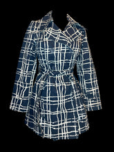 Load image into Gallery viewer, S Blue double breasted jacket w/ white stylized line design, matching belt, pockets, &amp; orange &amp; white polka dot interior
