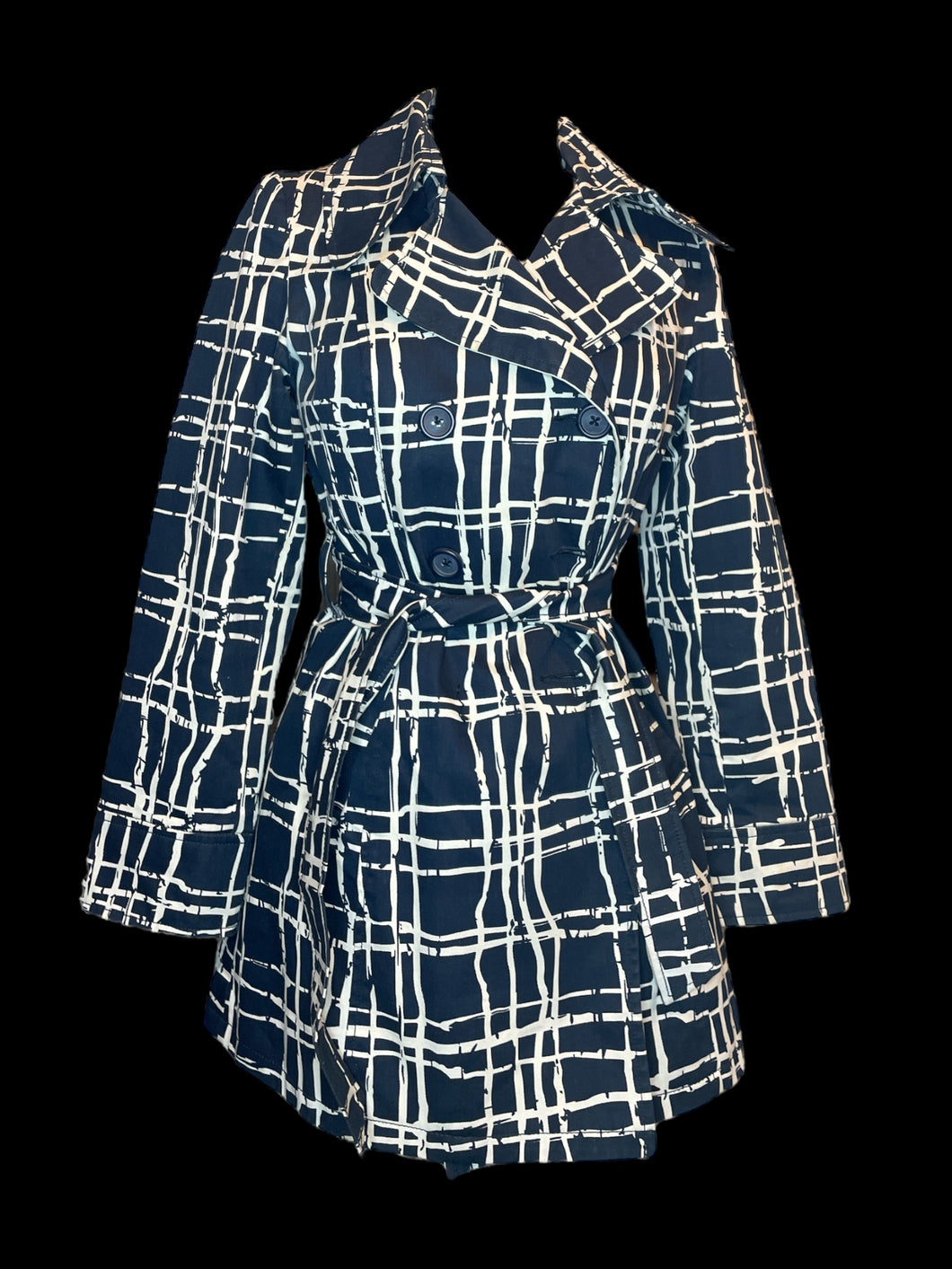 S Blue double breasted jacket w/ white stylized line design, matching belt, pockets, & orange & white polka dot interior