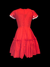 Load image into Gallery viewer, M Red short-sleeve dress w/ 3D embroidered white flowers, ruffle skirt, &amp; zipper closure
